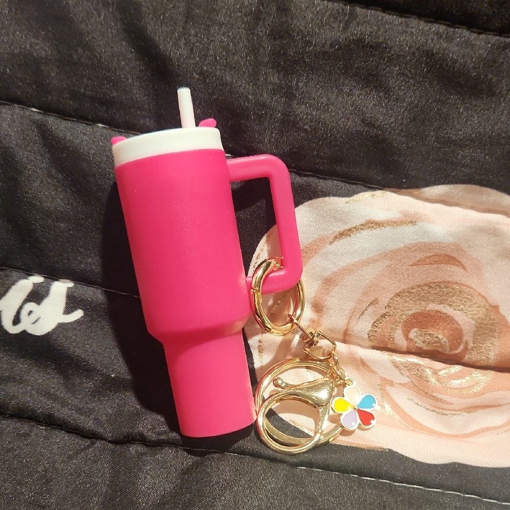 Pink Tumbler Keychain with Colorful Flower Charm